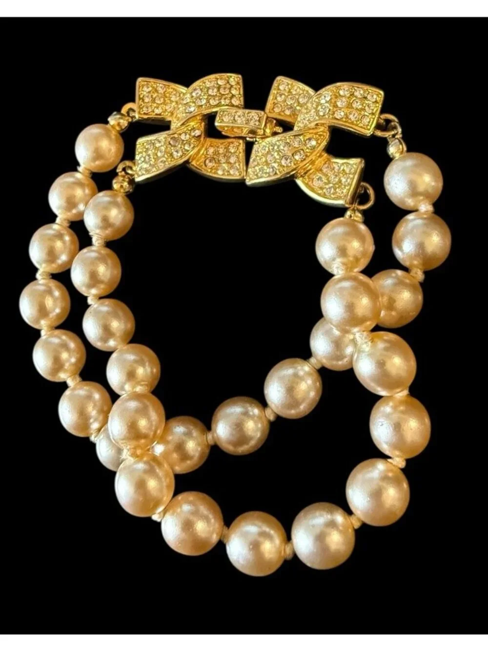 Vintage KJL Kenneth Jay Lane Pave Rhinestone Cream Pearls Bead Bracelet 7" - Picture 7 of 7